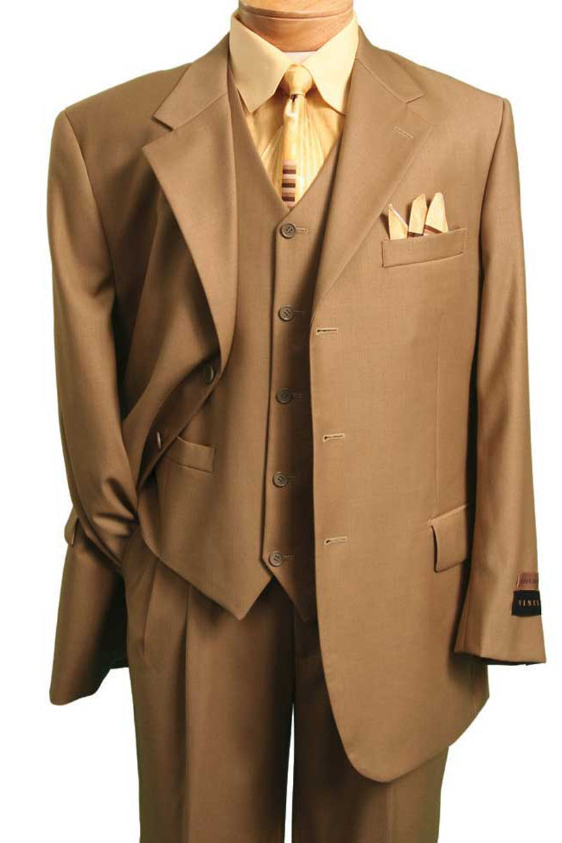 2 Button Vested Wool Feel Suit - Britishi Khaki