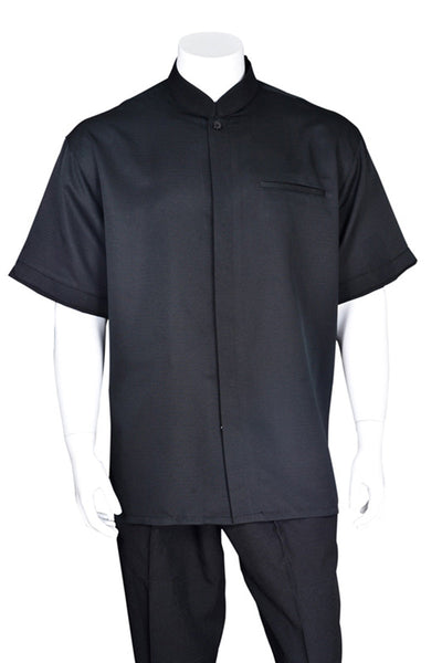 Mens Short Sleeve Banded Mandarin Collar Walking Suit in Black