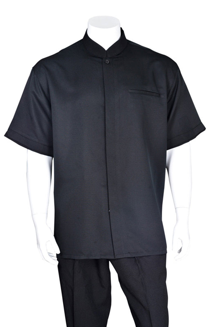Mens Short Sleeve Banded Mandarin Collar Walking Suit in Black