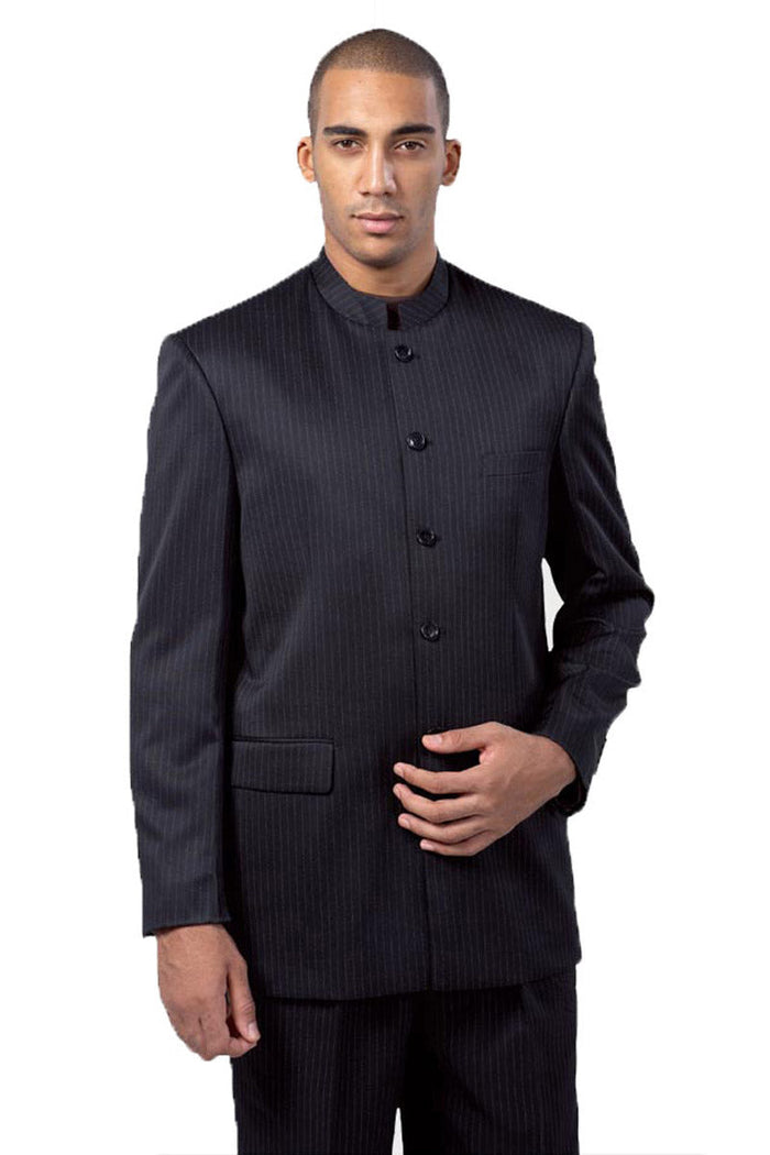 Mens 5 Button Pinstripe Mandarin Collar Suit in Black