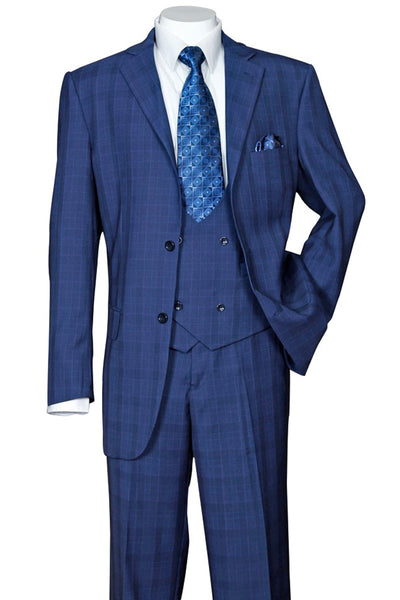Plaid Double Breasted Scoop Vest Suit - Navy