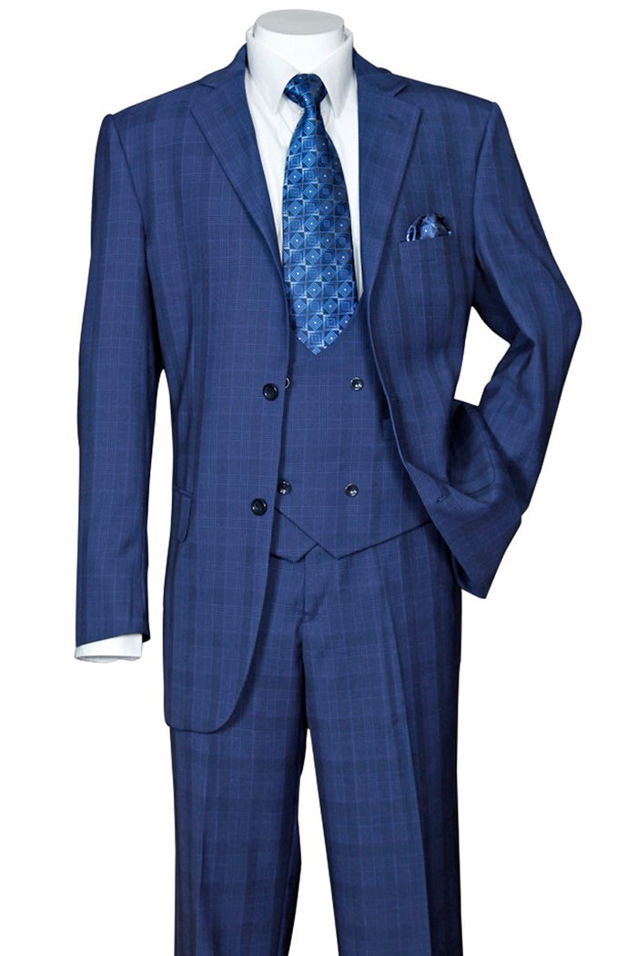 Plaid Double Breasted Scoop Vest Suit - Navy