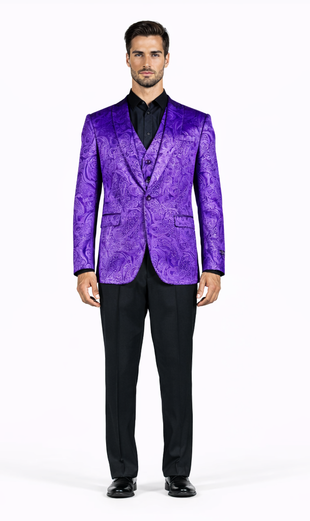 Velvet Paisley Blazer - Comes With Free Vest and Pants - Slim Fit - Purple