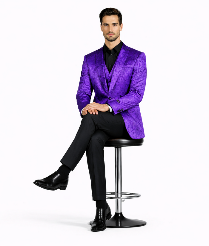 Velvet Paisley Blazer - Comes With Free Vest and Pants - Slim Fit - Purple