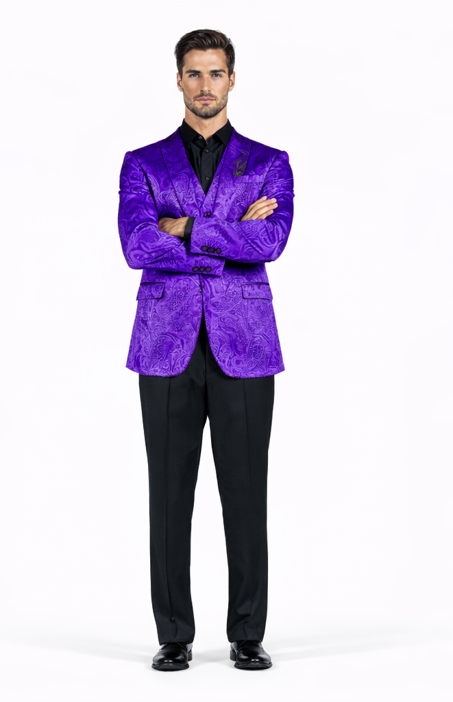 Velvet Paisley Blazer - Comes With Free Vest and Pants - Slim Fit - Purple