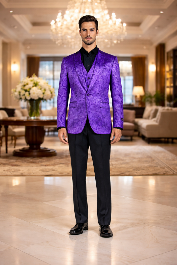 Velvet Paisley Blazer - Comes With Free Vest and Pants - Slim Fit - Purple
