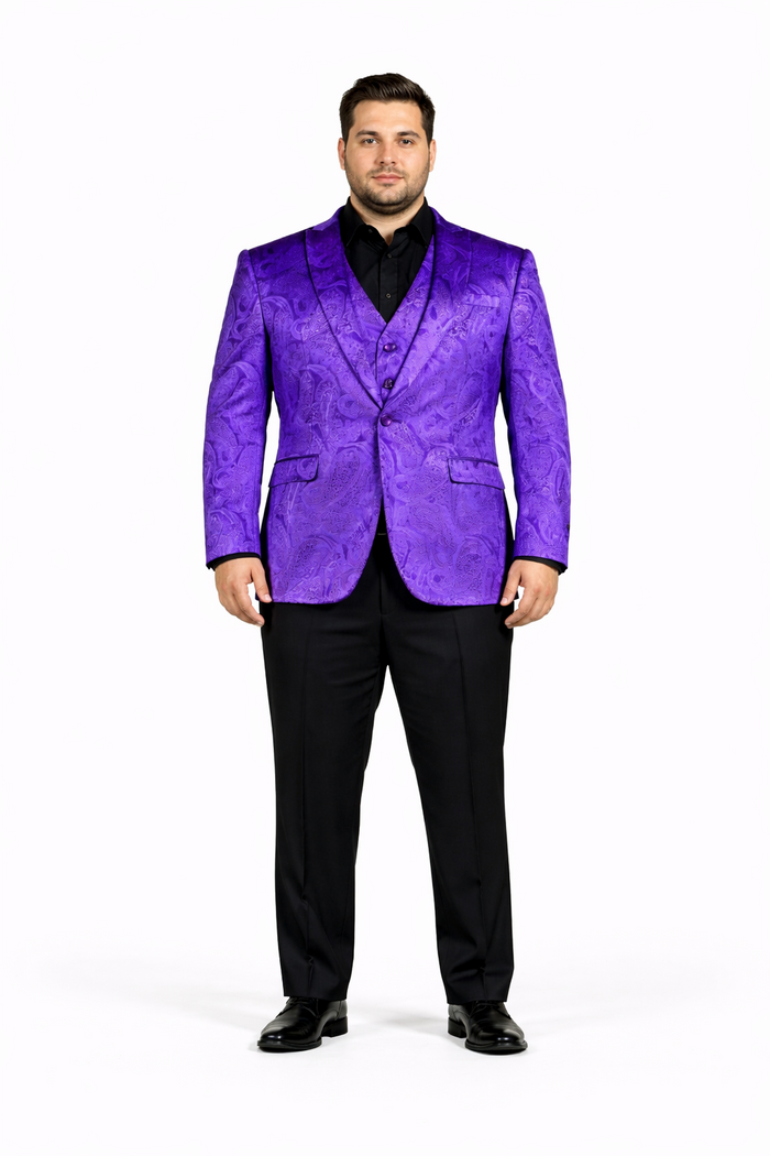 Velvet Paisley Blazer - Comes With Free Vest and Pants - Slim Fit - Purple