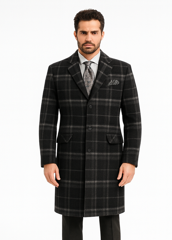 Veno Giovanni Men's 100% Wool Full Length Length Top Coat Hidden Button