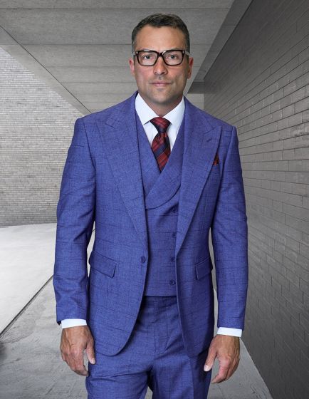 Statement Mens 3 Piece 100% Wool Modern Fit Suit - Textured Windowpane