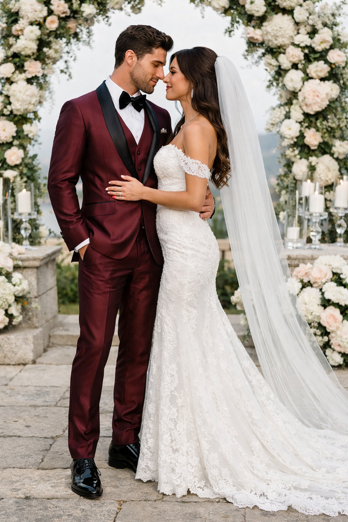 Versailles Burgundy 1-Button Shawl Lapel Tuxedo – Men’s 3-Piece Formal Suit