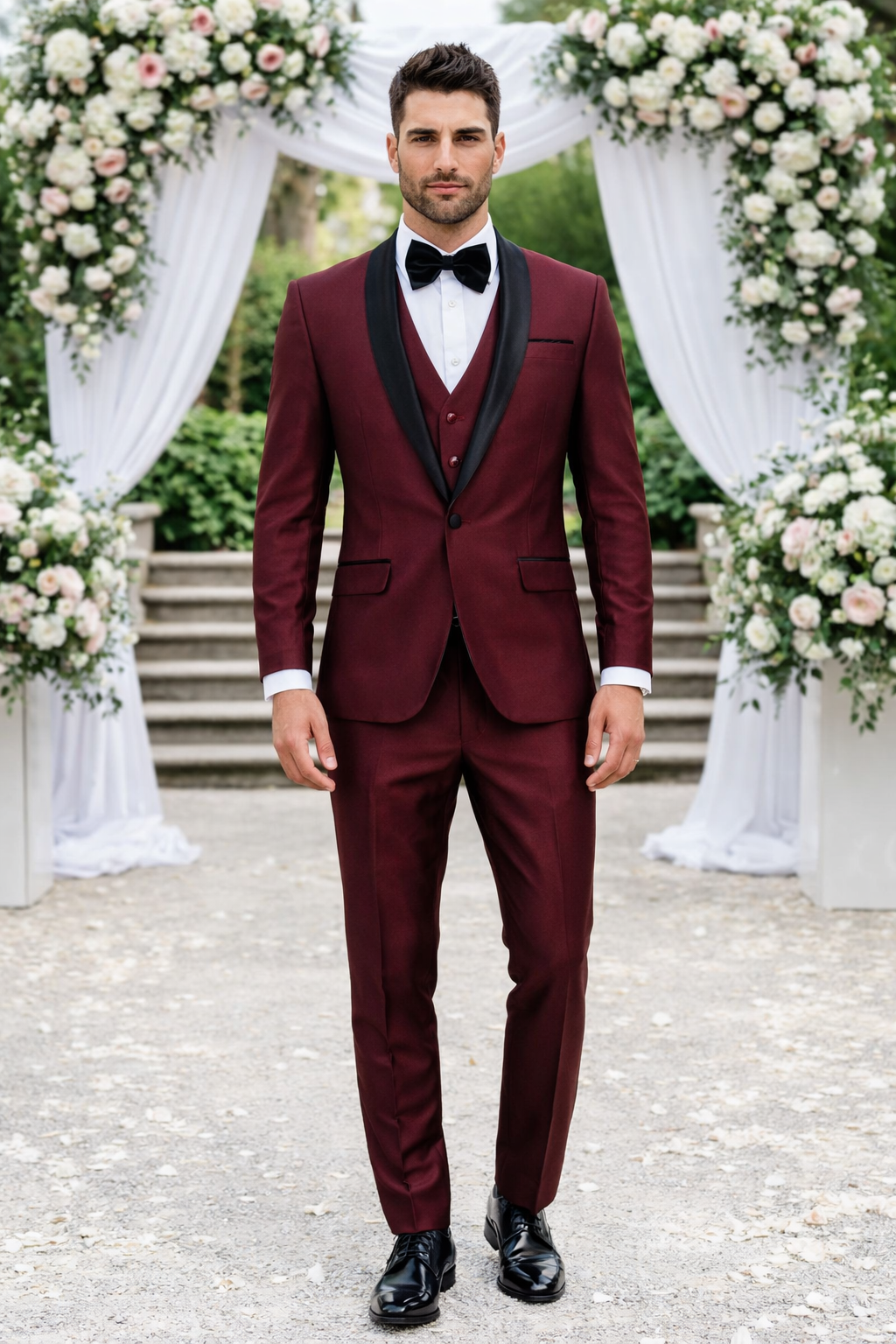 Versailles Burgundy 1-Button Shawl Lapel Tuxedo – Men’s 3-Piece Formal Suit