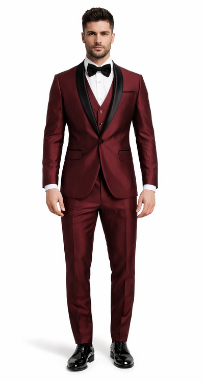 Versailles Burgundy 1-Button Shawl Lapel Tuxedo – Men’s 3-Piece Formal Suit