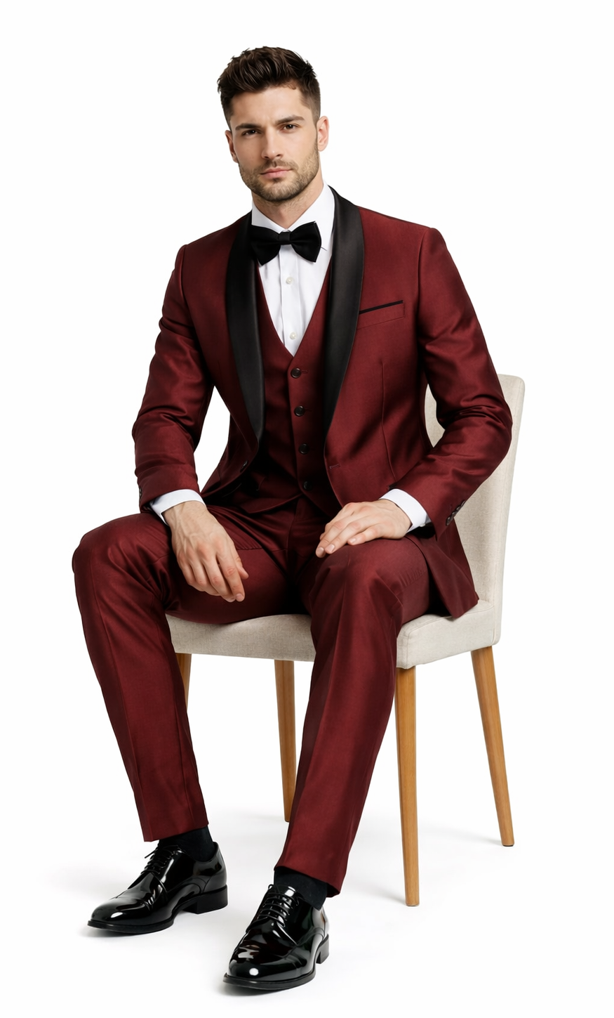 Versailles Burgundy 1-Button Shawl Lapel Tuxedo – Men’s 3-Piece Formal Suit