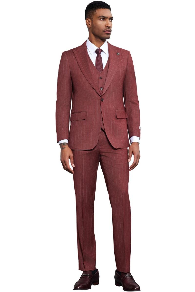 Stacy Adams Burgundy Pinstripe Vested Suit