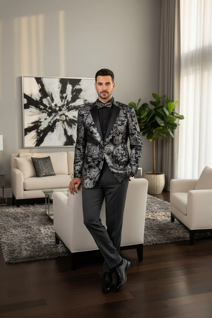 Posh Paisley Velvet Silver Tuxedo Jacket