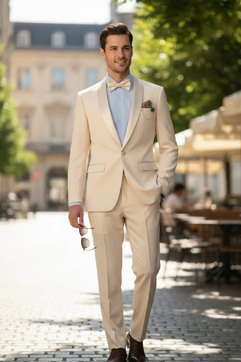 Spectrum Champagne Shawl Lapel Tuxedo – 3-Piece One Button Elegant Formal Suit