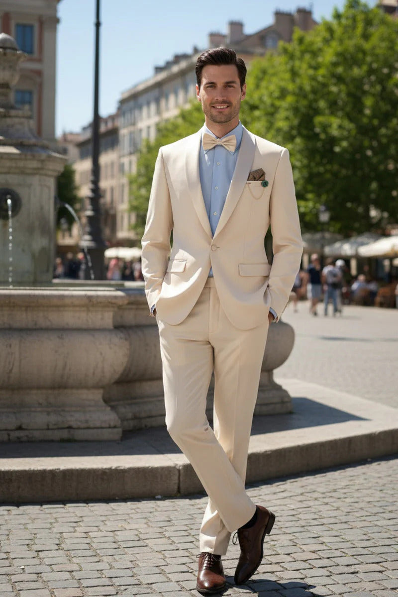 Spectrum Champagne Shawl Lapel Tuxedo – 3-Piece One Button Elegant Formal Suit