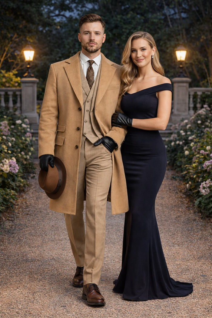 Michael Gray Tan Suit & Camel Overcoat Costume