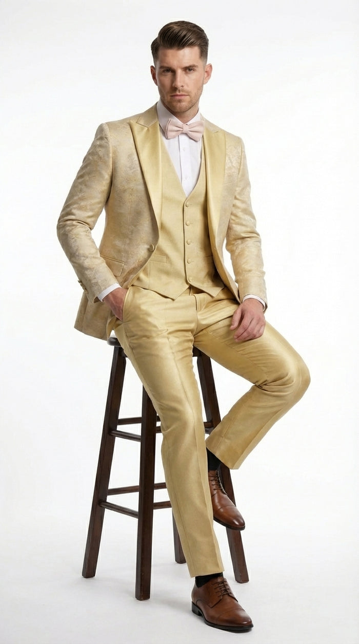 Vitali Mens Yellow Gold Designer Tuxedo Suit Set – Luxury Wedding Prom Formal Tuxedo with Vest Bow Tie in Champaign Color
