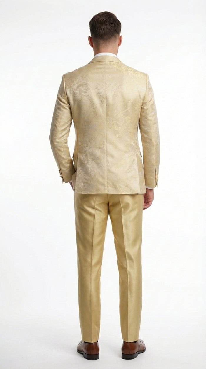 Vitali Mens Yellow Gold Designer Tuxedo Suit Set – Luxury Wedding Prom Formal Tuxedo with Vest Bow Tie in Champaign Color