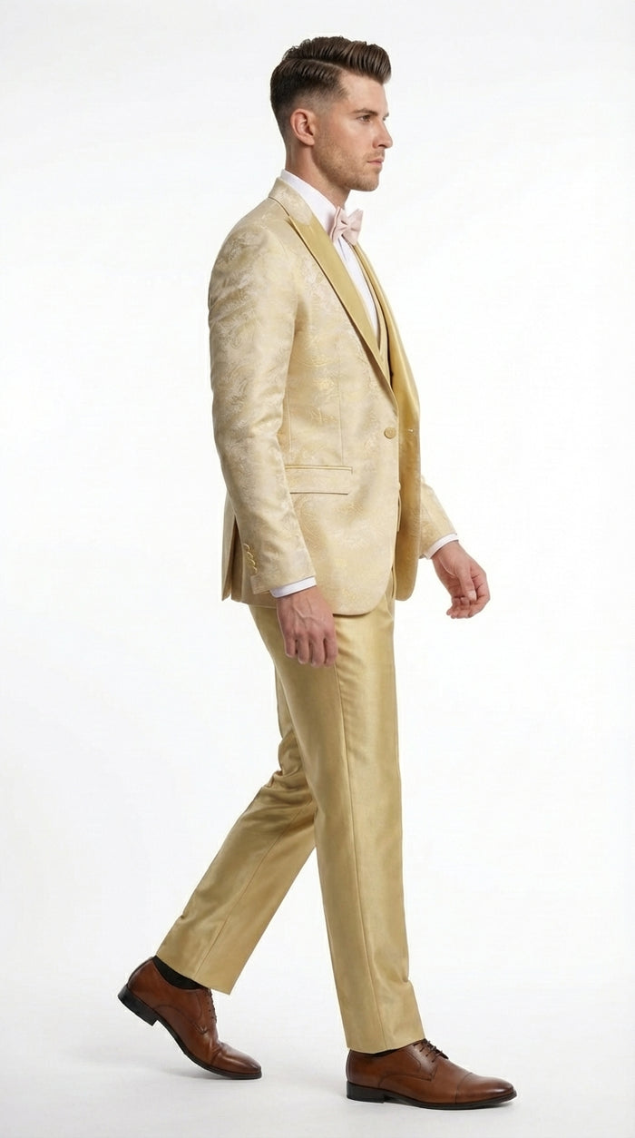 Vitali Mens Yellow Gold Designer Tuxedo Suit Set – Luxury Wedding Prom Formal Tuxedo with Vest Bow Tie in Champaign Color