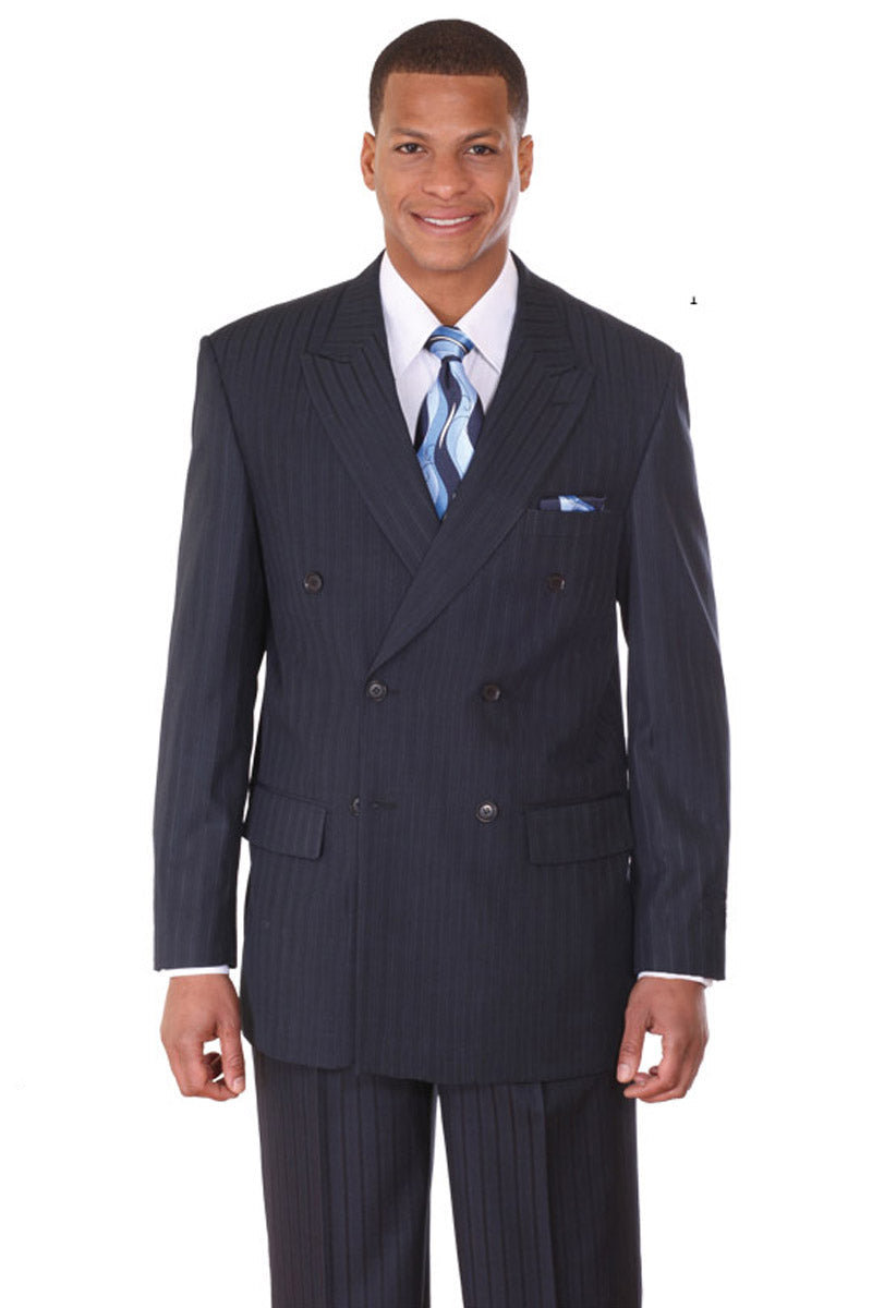 Mens Double Breasted Mini Ton on Ton Pinstripe Suit in Navy