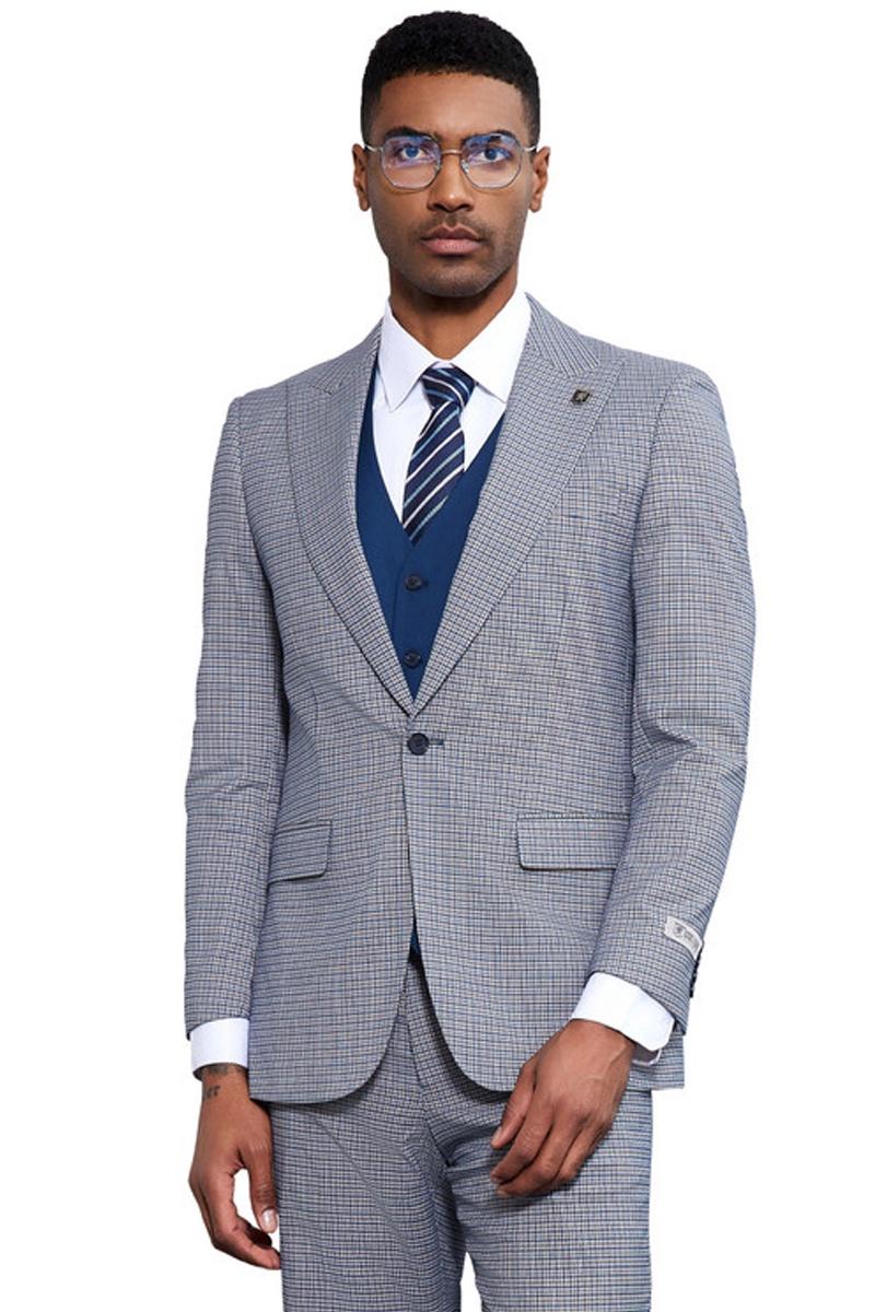 Stacy Adams Light Blue Vested Micro Check Suit