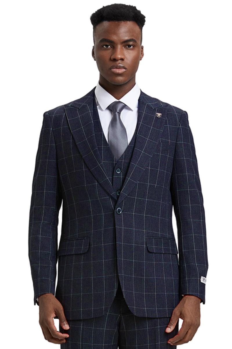 Stacy Adams Windowpane Vest Suit - Navy Blue