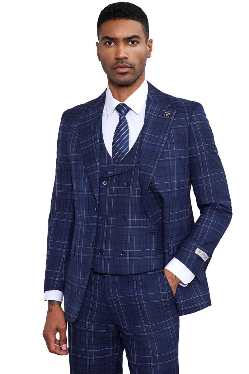 Stacy Adams Double Windowpane Plaid Suit (Navy)