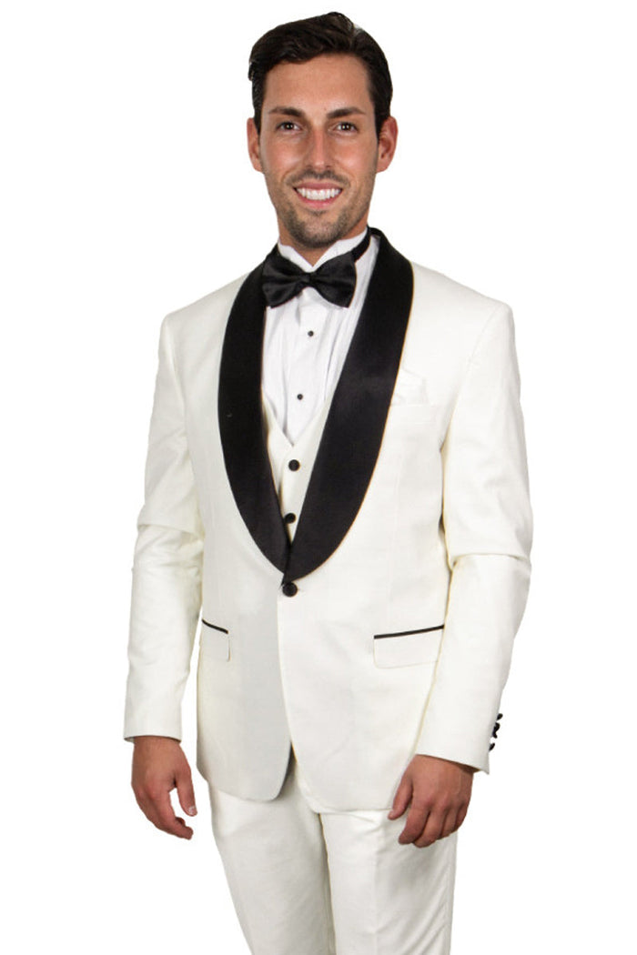 Ivory Slim Fit Tuxedo with Black Shawl Lapel – 3 Piece Wedding & Prom Set