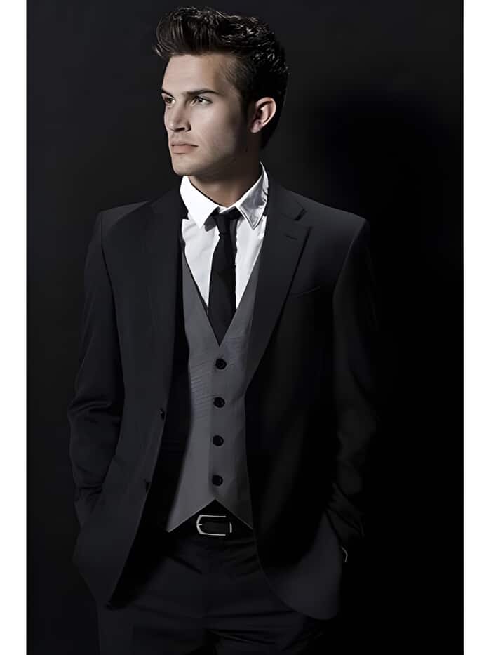Wedding 2 Button Wool Black Wedding / Prom Black Suit Gray Vest 3 Piece Suits Vested Suit