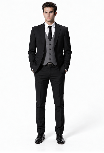 Wedding 2 Button Wool Black Wedding / Prom Black Suit Gray Vest 3 Piece Suits Vested Suit