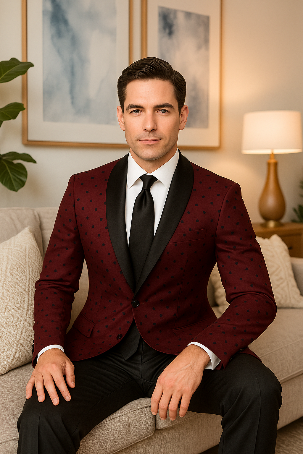 Burgundy Polka-Dot Pattern Tuxedo for Men's