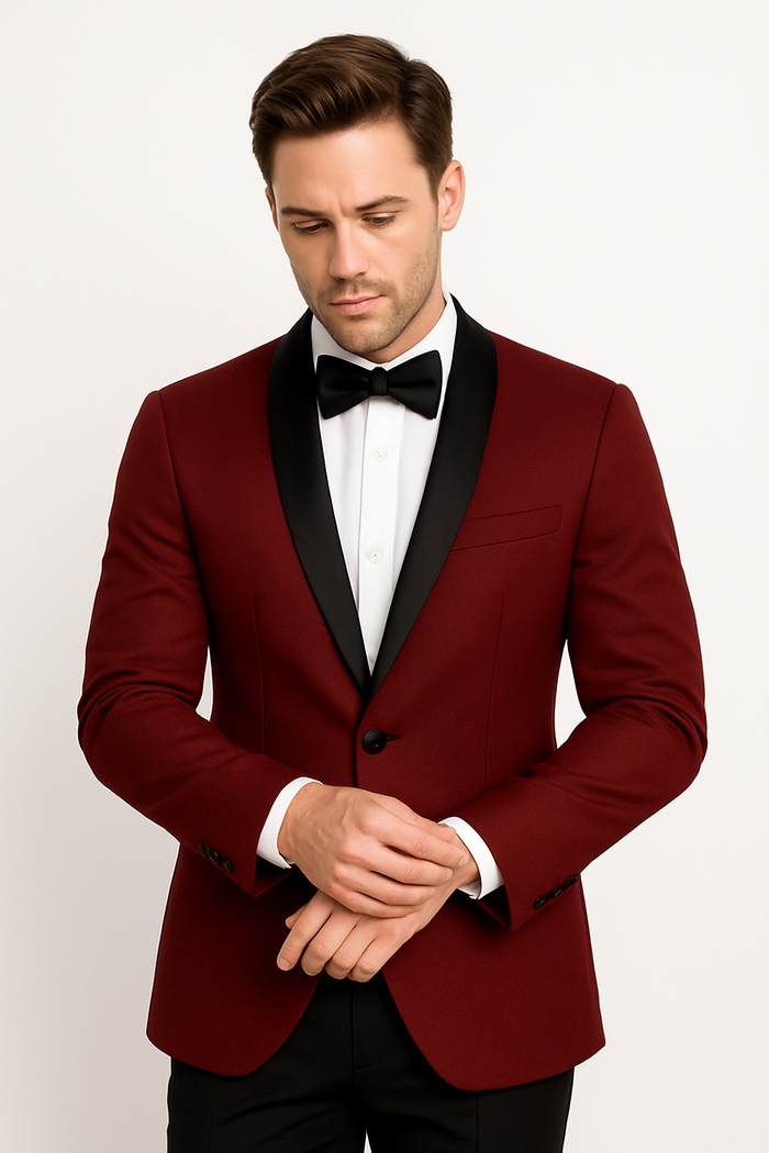 Prom ~ Wedding Tuxedo Dinner Jacket Burgundy and Black Trim
