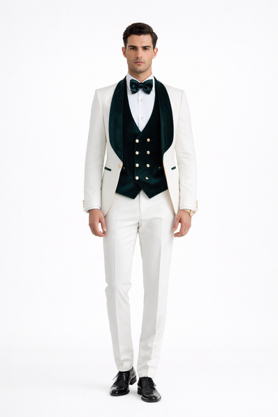 Wedding Tuxedo - Groom Suit - White and Dark Green Prom Suit