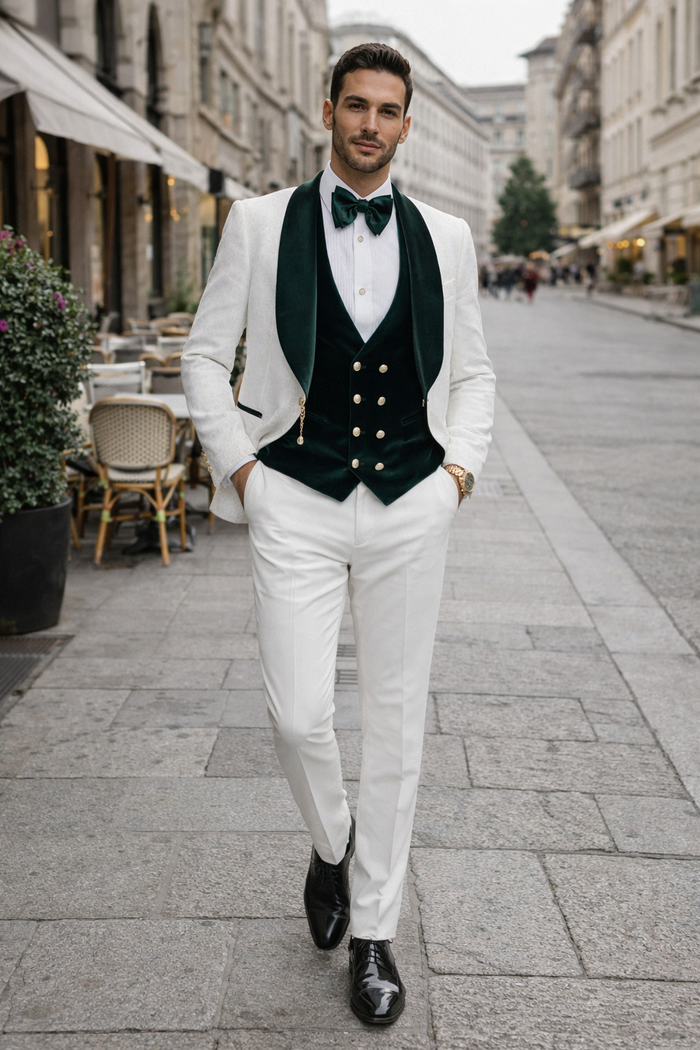 Wedding Tuxedo - Groom Suit - White and Dark Green Prom Suit