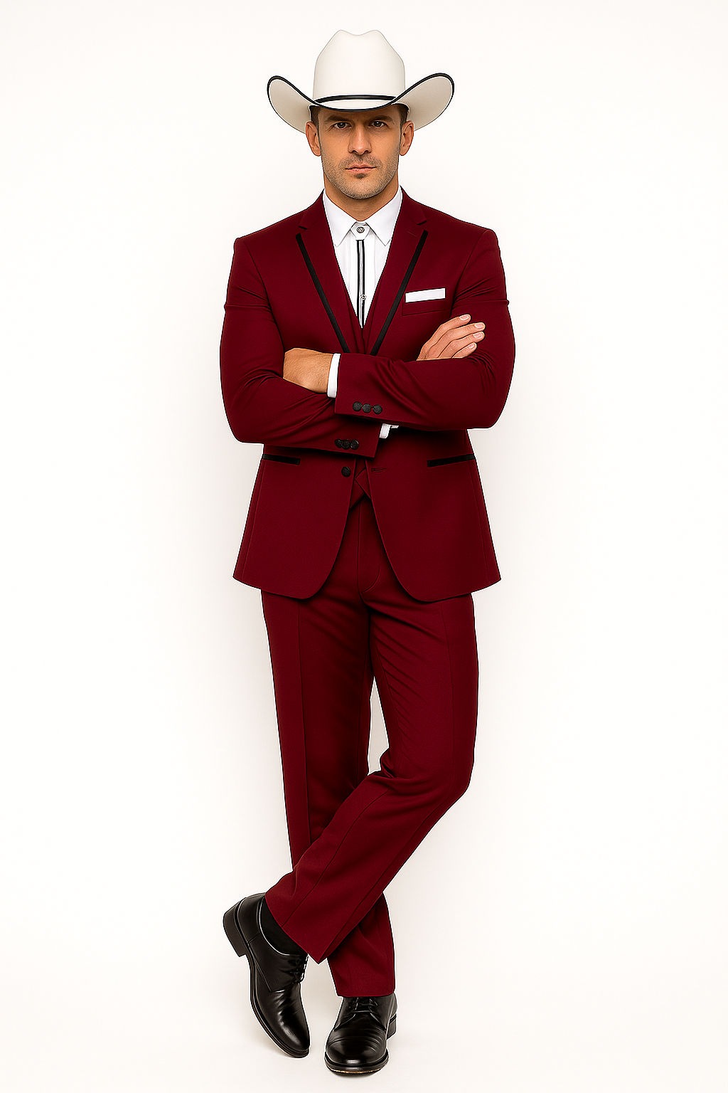 SKU#JA60892 Country Tuxedos For Weddings Mens Western Traje Vaquero Suit - Burgundy Tuxedo