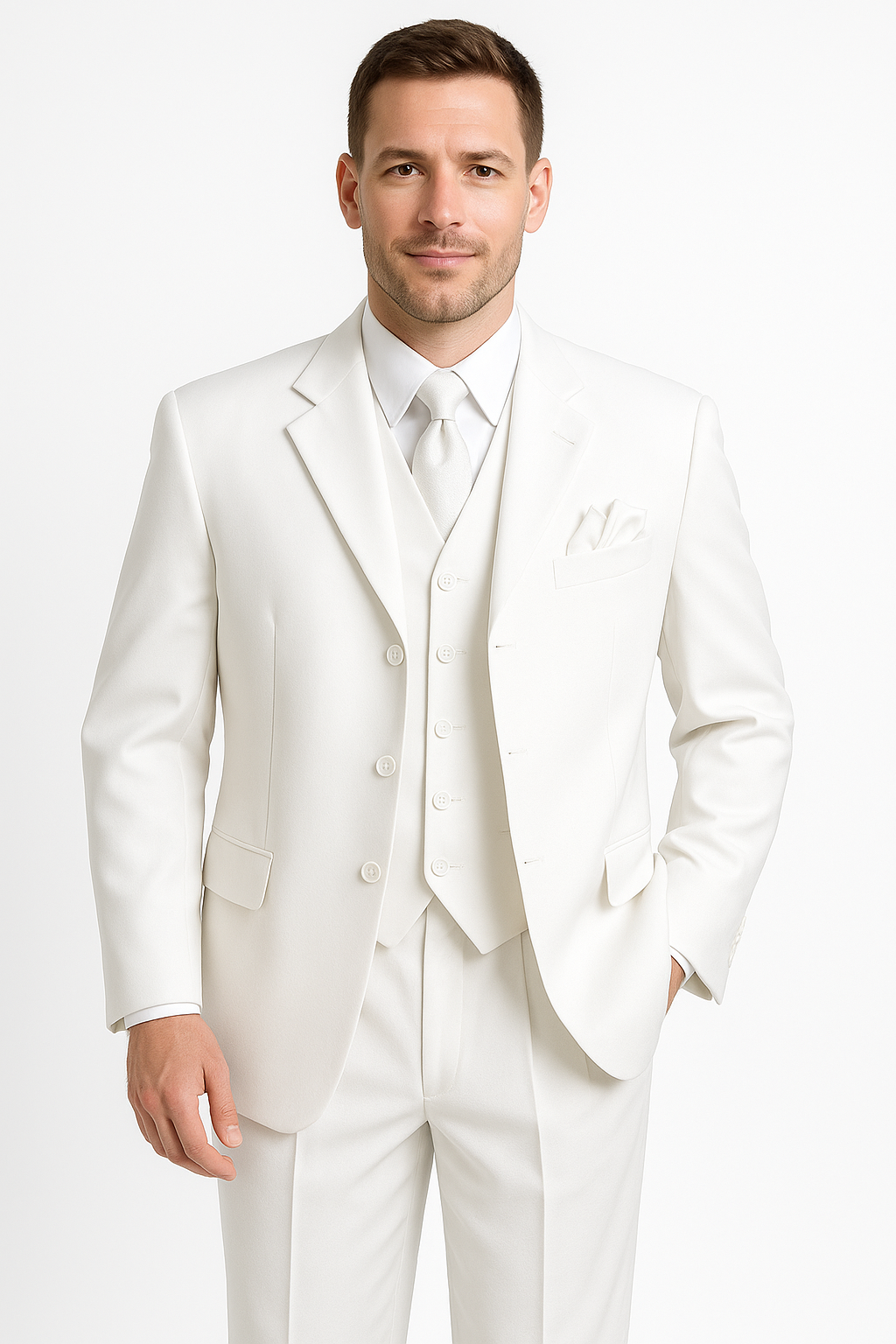 Men's 2 or 3 buttons 3 Piece Snow White Three Piece Vested Suit Pleated Pants Side Vent