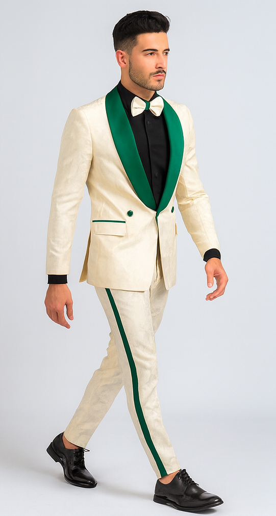 White and Ivory and Green Tuxedo Suit - Prom Suit - Prom Wedding Suit