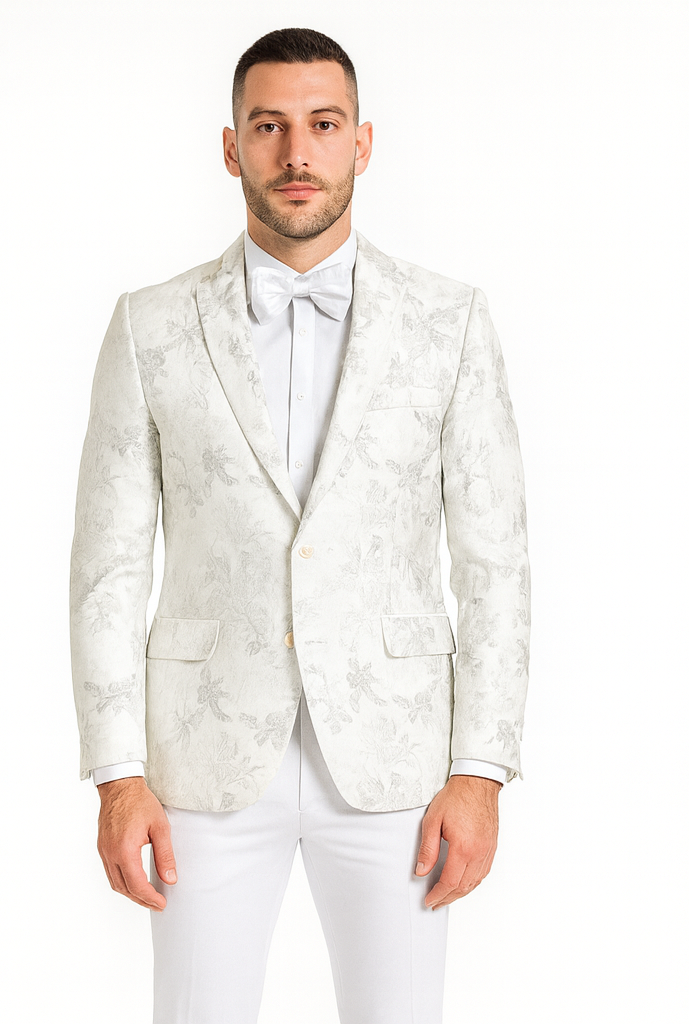 White Dinner Jacket - White Paisley Blazer - White Sportcoat With Bowtie