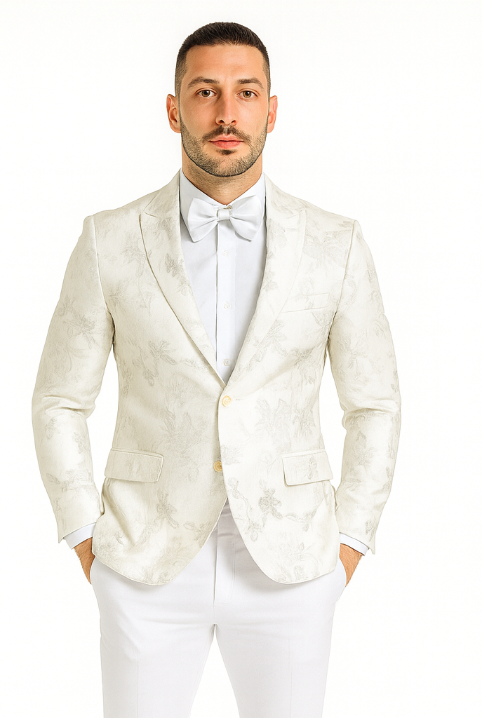 White Dinner Jacket - White Paisley Blazer - White Sportcoat With Bowtie
