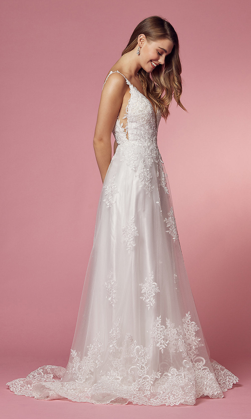 Nox Anabel Long White Ball Gown with Lace Applique