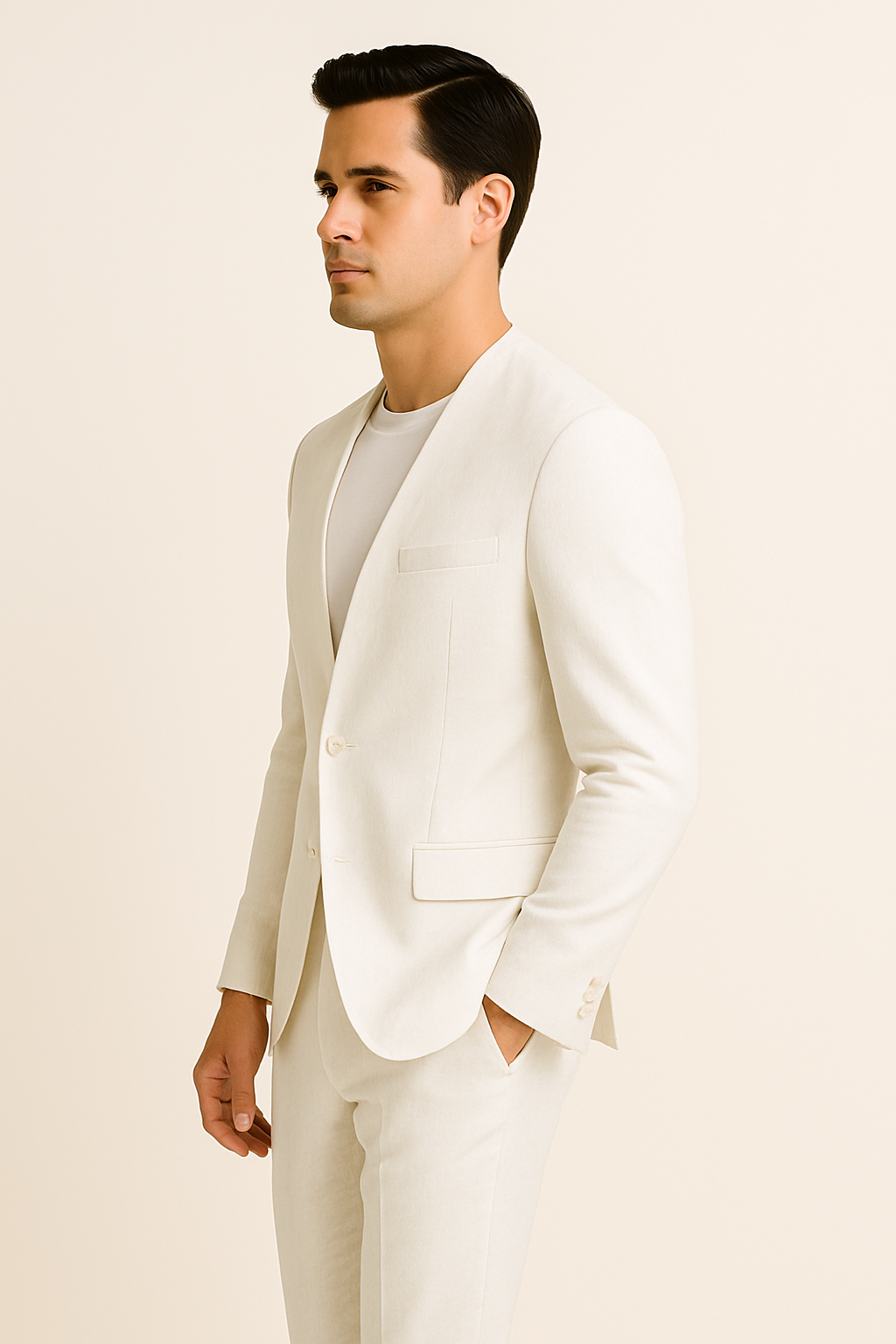 White Linen Summer Suit - Collarless Blazer & Pants
