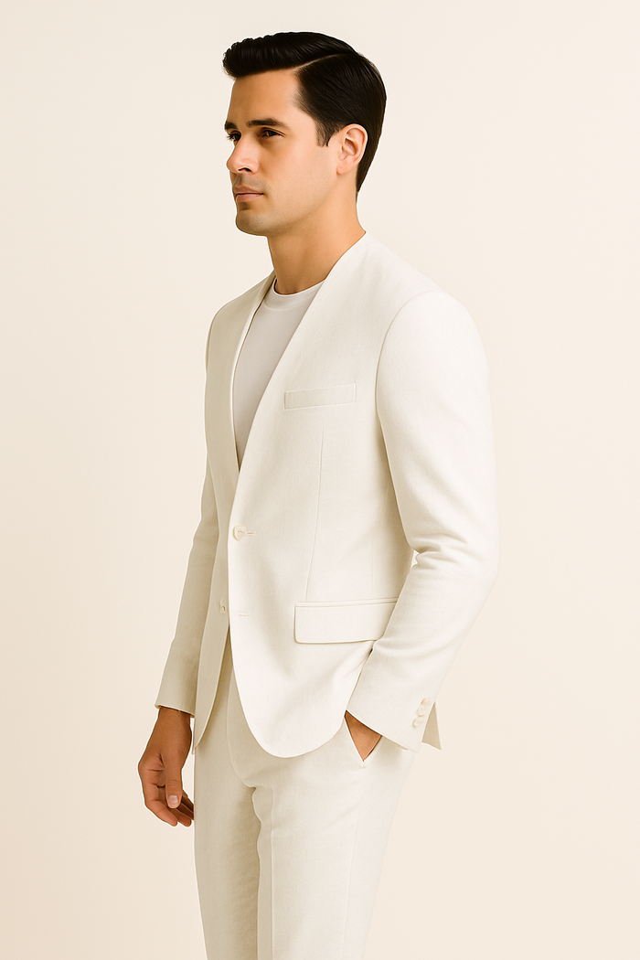 White Linen Summer Suit - Collarless Blazer & Pants