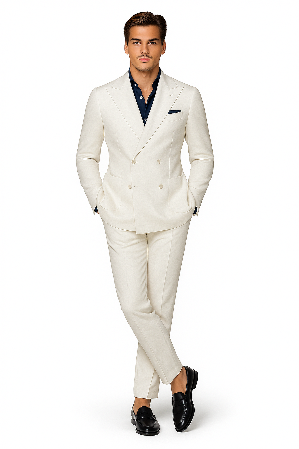 White Linen Double Breasted Suit, 4 Button