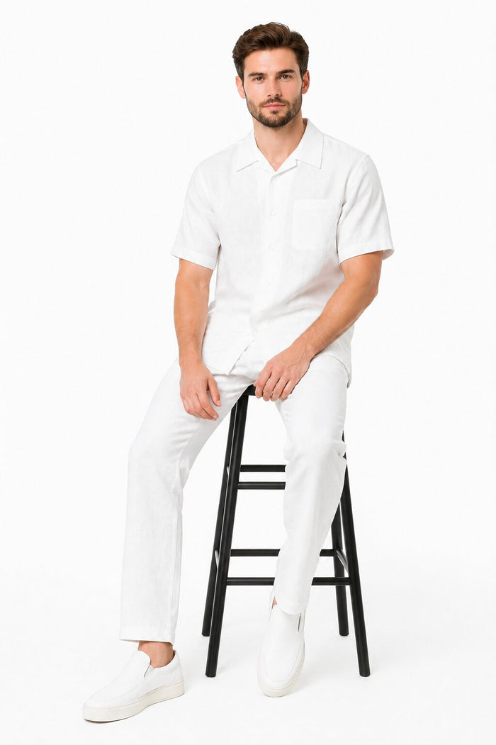 Men's Two Piece Shirt And White Casual Set Walking Leisure Suit - Mens Linen Suit