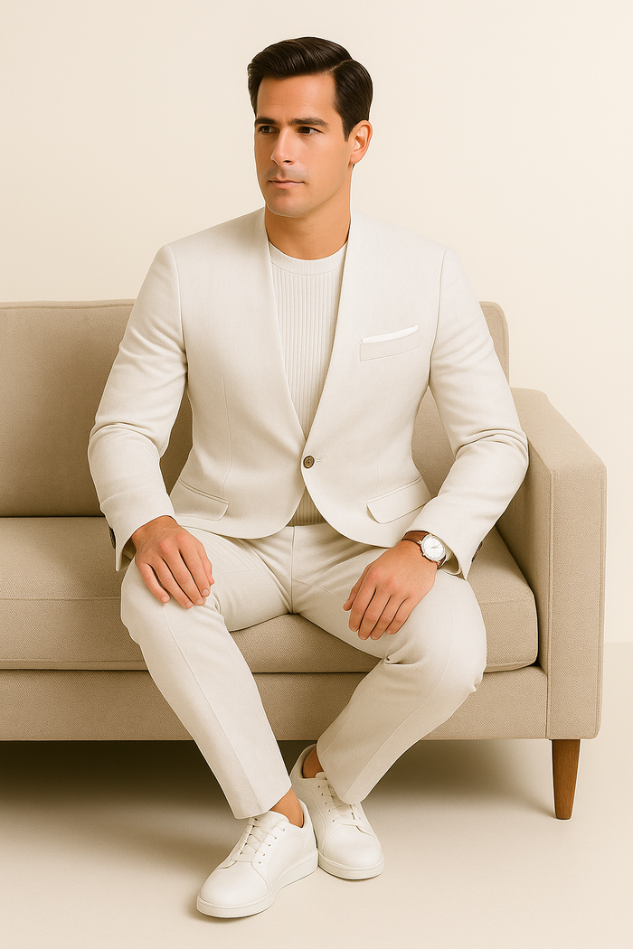 White Linen Summer Suit - Collarless Blazer & Pants