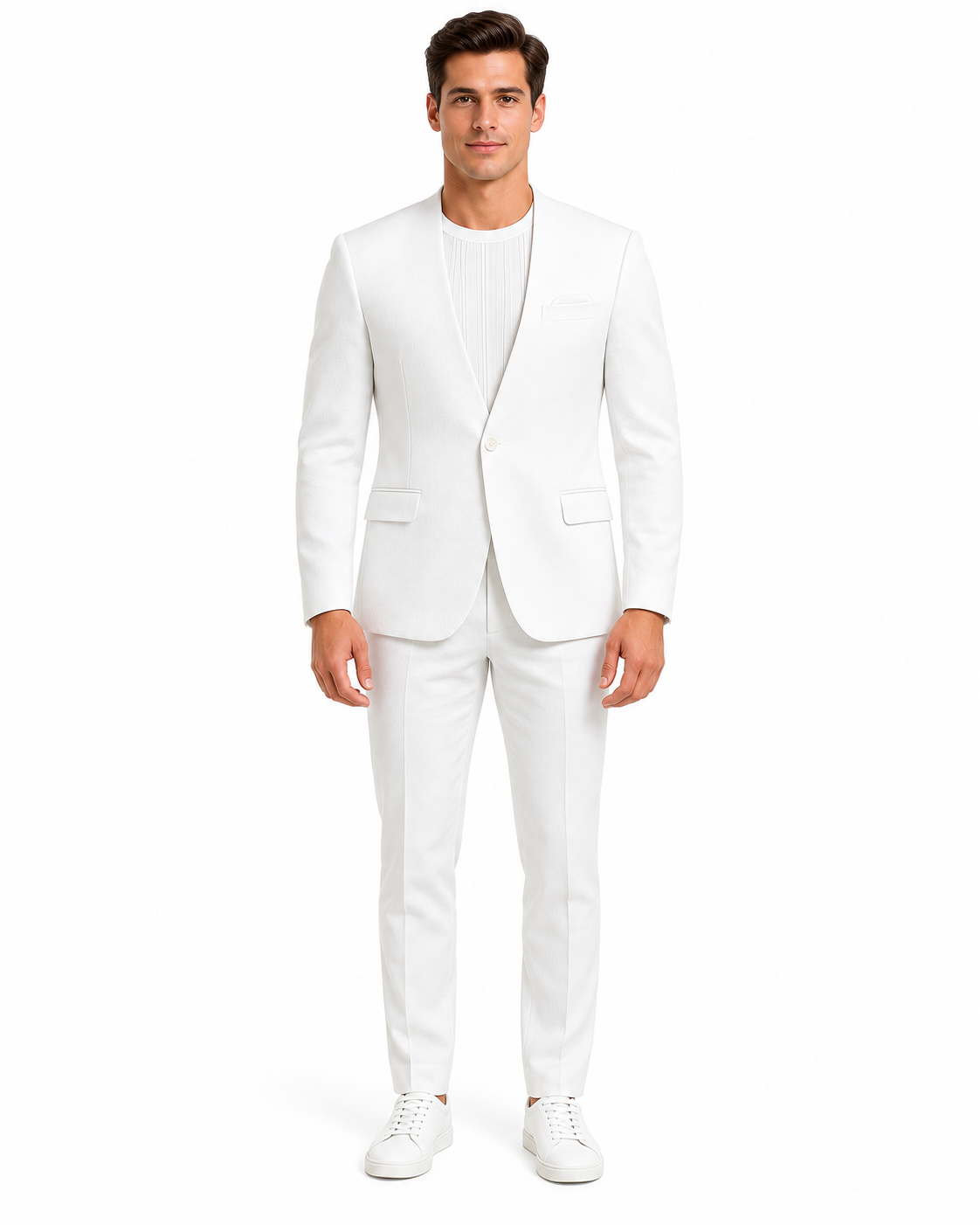 White Linen Summer Suit - Collarless Blazer & Pants