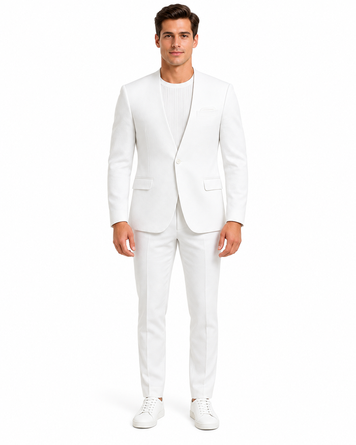 White Linen Summer Suit - Collarless Blazer & Pants
