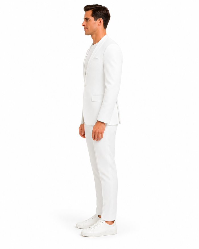 White Linen Summer Suit - Collarless Blazer & Pants